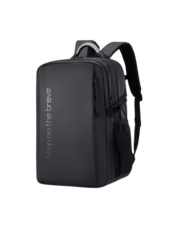 Black Step On The Brave waterproof backpack with large storage front view.